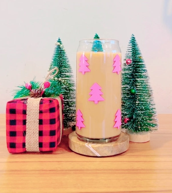 Pink Christmas Tree Glass Can Cup Tumbler w/ Bamboo Lid & Glass Straw