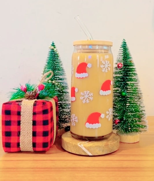 Christmas Santa Hat Glass Can Cup w/ Bamboo Lid & Glass Straw