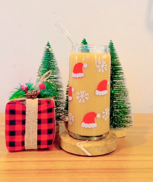 Christmas Santa Hat Glass Can Cup w/ Bamboo Lid & Glass Straw