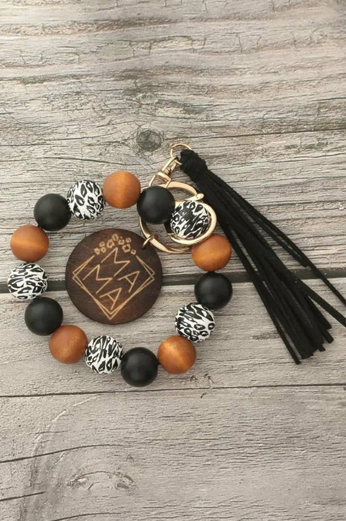 Mama Wood Bead Tassel Bracelet Keychain