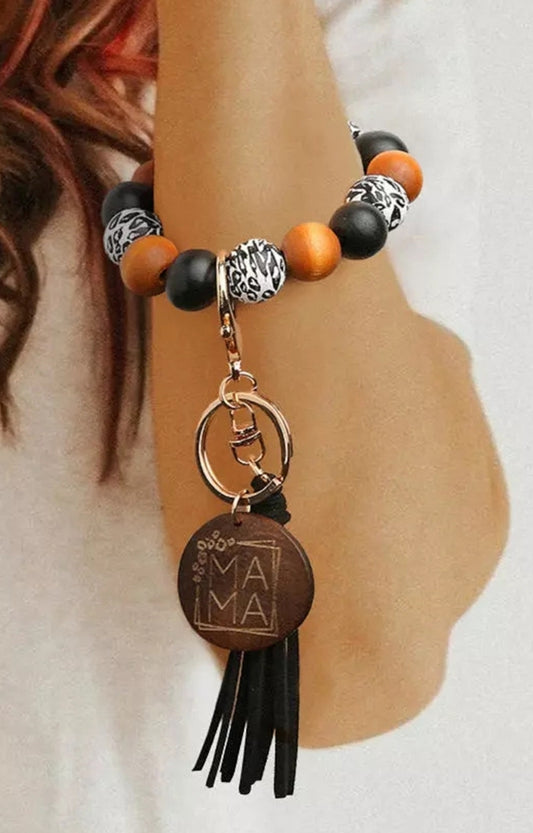Mama Wood Bead Tassel Bracelet Keychain