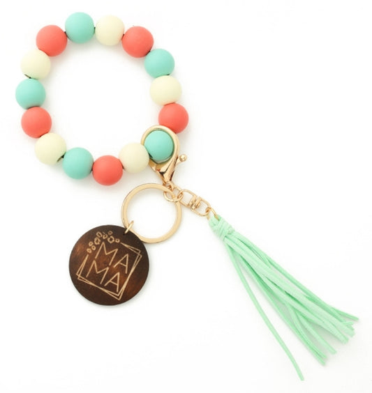 Coral and Mint Mama Wood Bead Tassel Bracelet Keychain