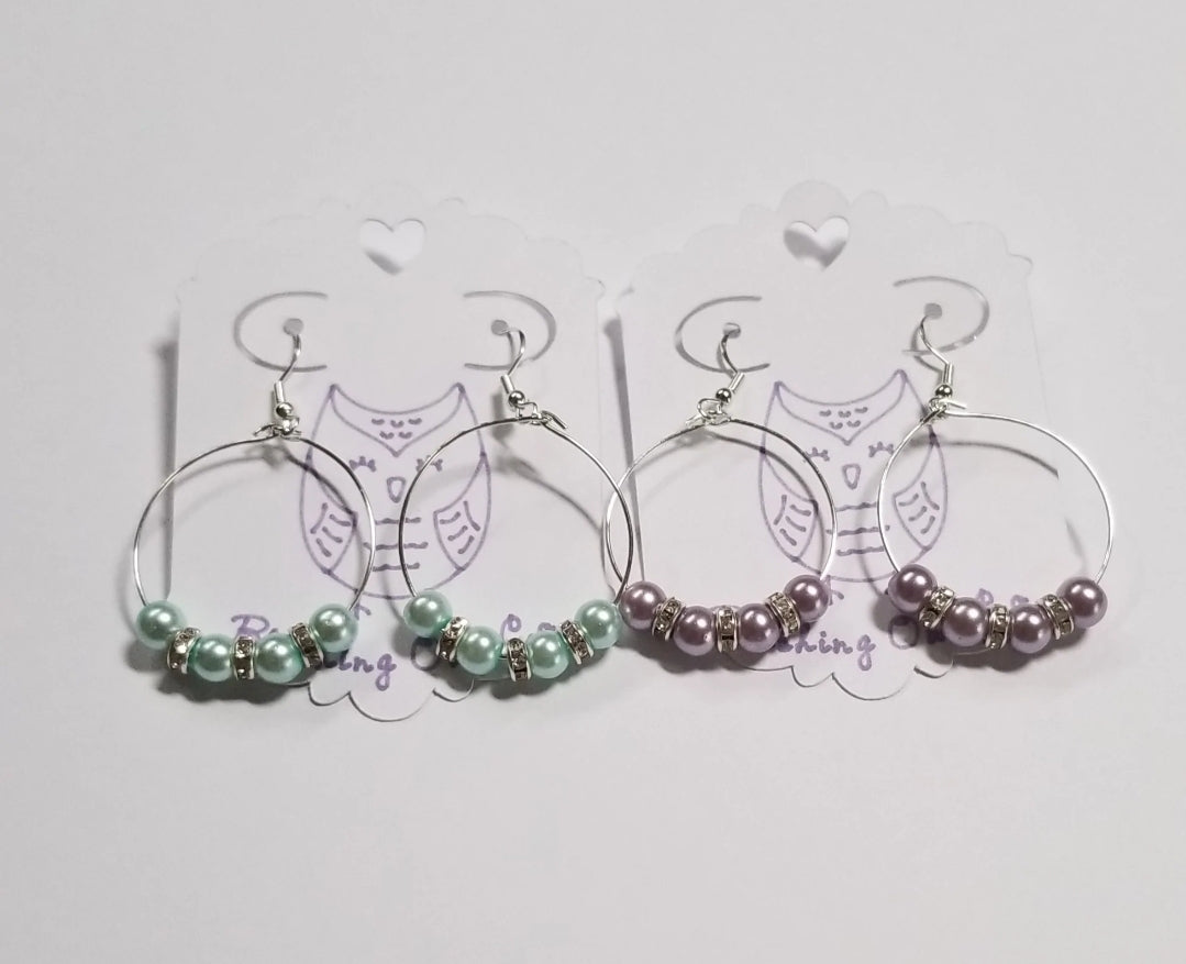 Pearl and Rhinestone Dangle Hoop Earrings