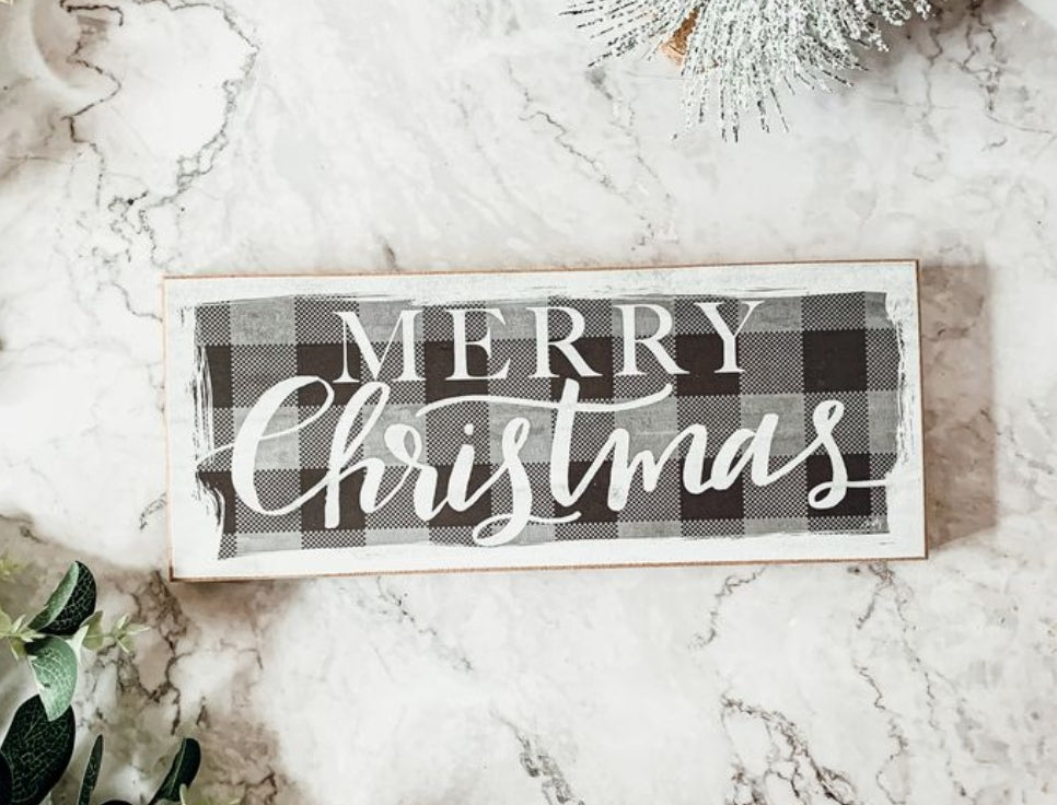 Gray Buffalo Checkered Merry Christmas Wooden Sign