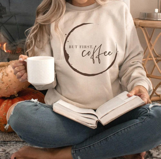 But First Coffee - Brown on Sand Unisex Crewneck