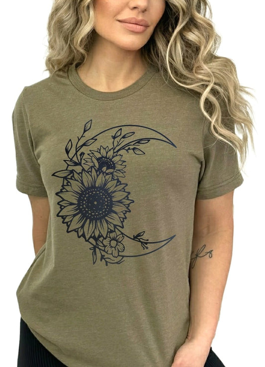 Heather Olive Moon Flowers Tshirt