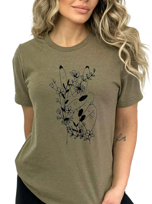 Heather Olive Hand Peace Sign Flowers Tshirt